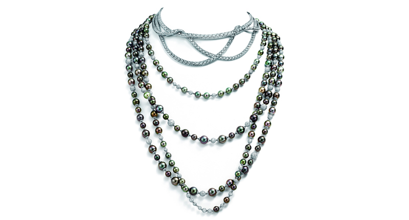 This “Rhapsody of Light” necklace is made of platinum, cultured South Sea Tahitian pearls and diamonds set in adjustable layers. (Price available upon request.)<br />Photo courtesy of Tiffany & Co.