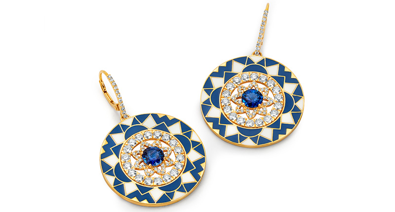 Buddha Mama 20-karat white and navy enamel round Mandala earrings set with diamond Mandala and blue sapphire center ($26,450)