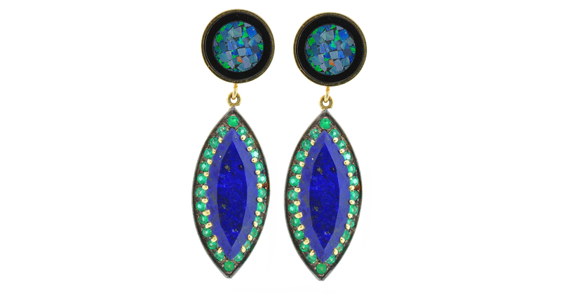 Andrea Fohrman’s 18-karat yellow gold earrings with rhodium plating, lapis, emeralds and mosaic opal ($6,550)