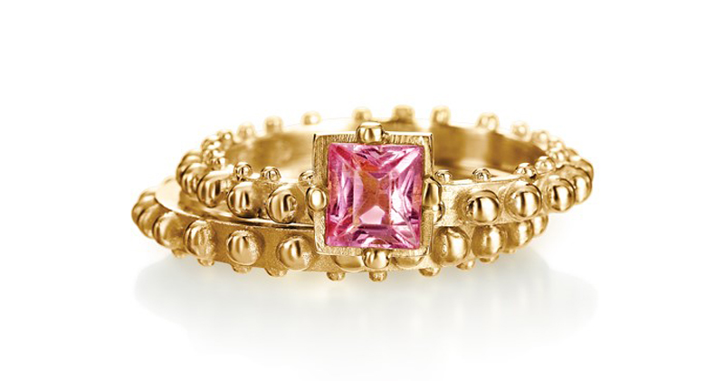 <a href="http://www.delphineleymarie.com" target="_blank" rel="noopener noreferrer">Delphine Leymarie’s</a> Boheme Elise pink tourmaline ring (0.84 carats) set in 18-karat recycled yellow gold, shown here with an 18-karat yellow gold Boheme End Stack band ($2,145)