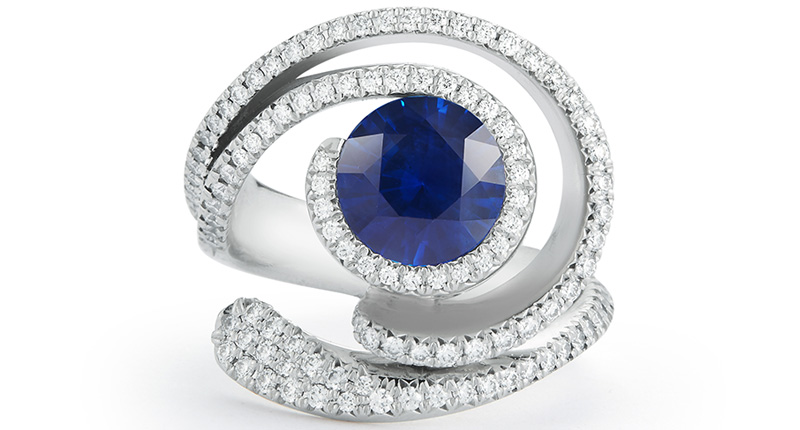 Diana Vincent Jewelry Designs round natural Ceylon blue sapphire set in platinum with diamonds ($29,000)