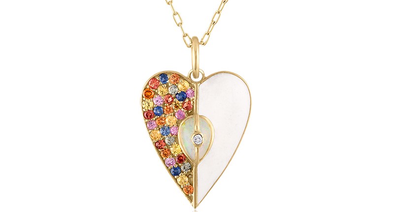 <a href="https://www.loriannjewelry.com" target="_blank" rel="noopener">Loriann Jewelry</a> heart shape pendant with multicolored sapphires, white enamel and 14-karat yellow gold ($1,550)