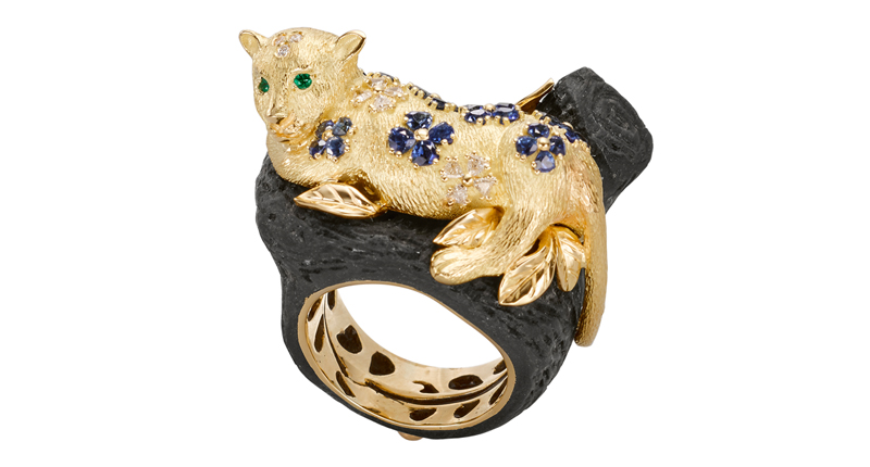 “The Leopard” ring is made of 18-karat yellow gold and ebony, with Ceylon sapphire, emerald and diamond.