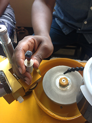 The students at the Arusha Gemmological & Jewelry Vocational Training Centre were cutting on several different machines, including a new Facetron they had received during one of Roger’s earlier trips.