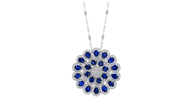 Norman Silverman Diamonds pendant featuring 29.72 total carats of pear-shaped sapphires with pave diamond accents suspended on a handmade diamond chain ($101,250)