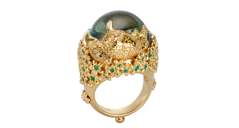 “The Rhino” ring in 18-karat yellow gold with aquamarine, Ceylon sapphire, emerald and diamond