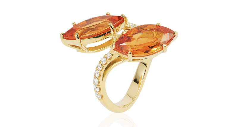 This mandarin garnet marquise twist ring from Goshwara’s “G-One” collection features diamond accents and is made in 18-karat yellow gold ($16,000).