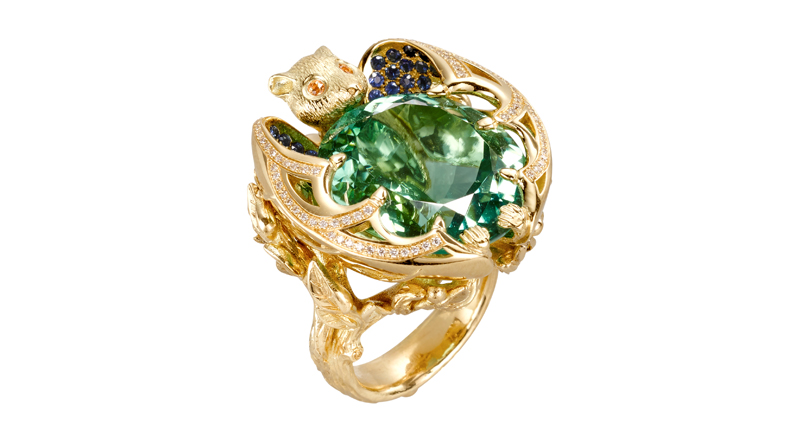 “The Bat” ring in 18-karat yellow gold with green tourmaline, sapphire and diamond