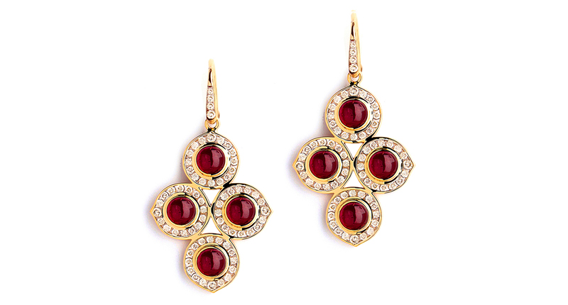 Syna’s 18-karat yellow gold Kamala earrings set with rubies and diamonds ($6,600)