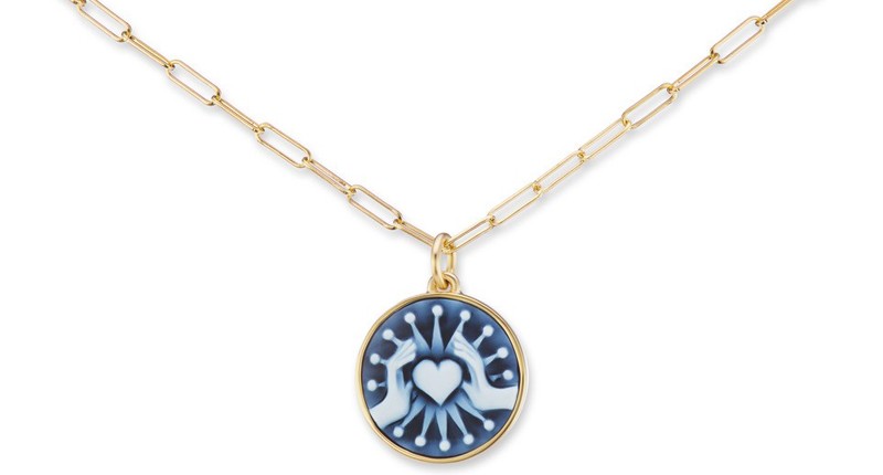 <a href="https://www.anakatarina.com/shop-all/phillia-friendship-love-token" target="_blank" rel="noopener">AnaKatarina</a> 18-karat gold “Philia” (friendship) love token necklace with a hand carved blue agate cameo ($5,450)