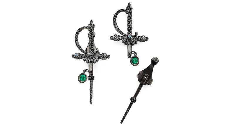 Colette 18-karat black gold sword earrings with emeralds and black diamonds ($4,300)<br /><a href="http://www.colettejewelry.com" target="_blank" rel="noopener noreferrer">ColetteJewelry.com</a>