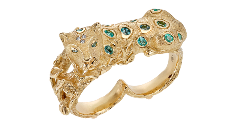 “The Jaguar” ring is made in 18-karat yellow gold with Brazilian Paraiba tourmaline and diamond
