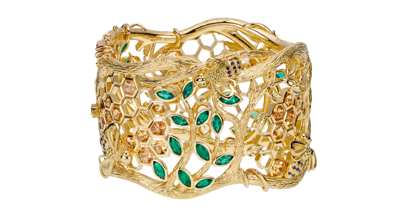 “The Bee” bracelet in 18-karat yellow gold with Imperial topaz, emerald, Ceylon sapphire and diamond