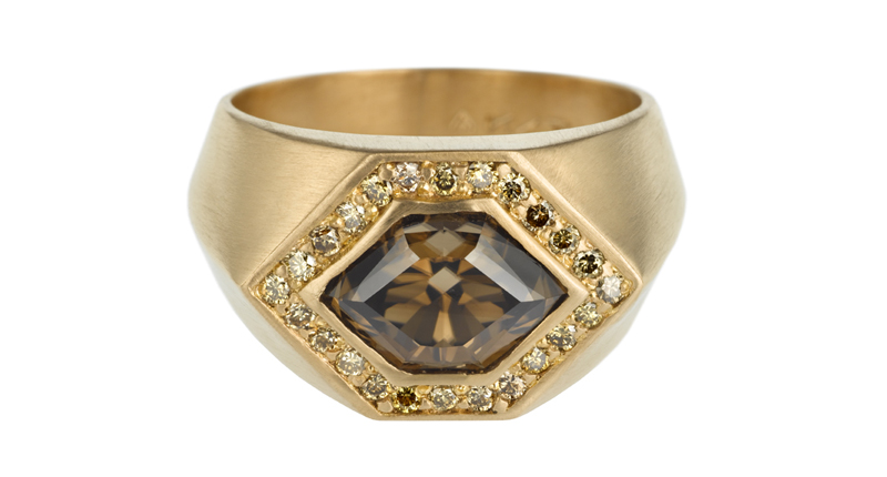 Alexis Kletjian’s bespoke ring features a 3.42-carat brown zircon at center, cut by Jean-Noel Soni of Top Notch Faceting, accented with brown diamonds and set in 20-karat rose gold ($12,000).