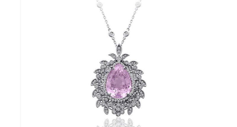 Jacqueline Diani Fine Jewelry’s flower motif pendant boasts a 16.39-carat kunzite at center surrounded by diamond accents and made in 18-karat white gold ($14,500).<br /> <a href="http://www.jacquelinediani.com" target="_blank">JacquelineDiani.com</a>