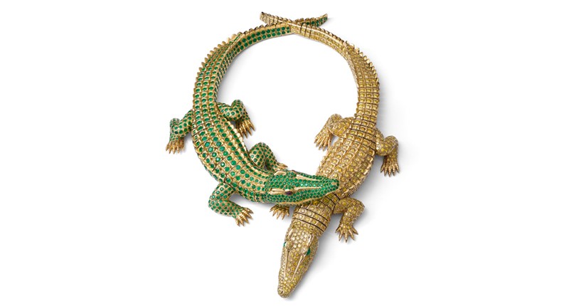 Crocodile Necklace by Cartier Paris, 1975. Yellow diamonds, emeralds, rubies (eyes) and gold. Formerly in the collection of Maria Felix.