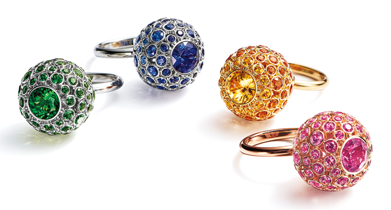 These Prism rings from the 2016 Masterpieces collection are made of (from left) platinum with tsavorites ($45,000), platinum with sapphires ($60,000), 18-karat yellow gold with yellow sapphires and spessartites ($40,000) and 18-karat rose gold with pink sapphires ($55,000).<br />Photo courtesy of Tiffany & Co.