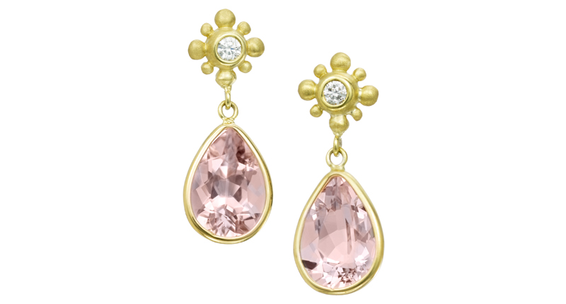 Suzy Landa’s 18-karat beaded cluster earnings with diamond center and morganite pear shapes hanging below ($2,420)