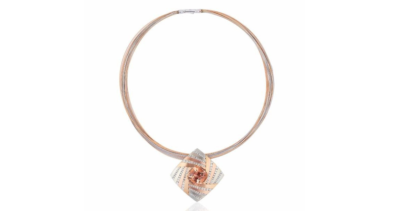<strong>Business/Day Wear.</strong> First place is Adam Neeley of Adam Neeley Fine Art Jewelry’s 18-karat rose gold and 14-karat rose and white gold “Cosmos” pendant featuring a 24.06-carat specialty-cut morganite accented with 3.14 carats of diamonds.