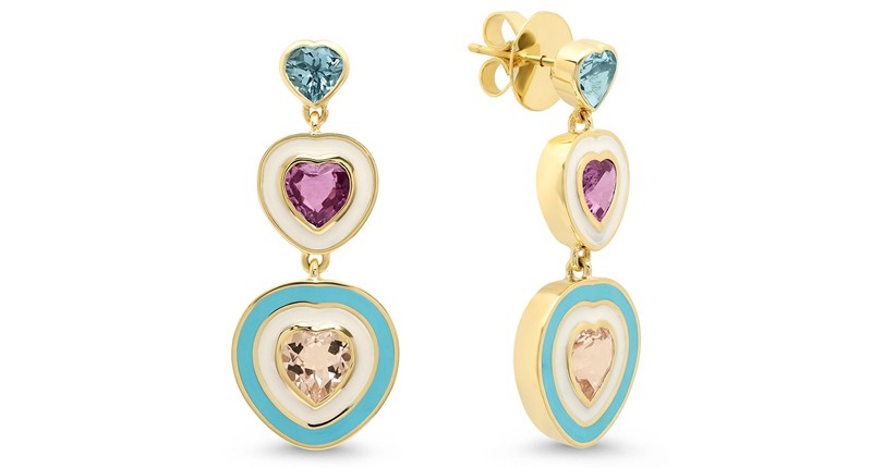 <a href="https://www.sigwardjewelry.com/collections/enamel/products/18k-yg-garbo-enamel-hearts-earrings" target="_blank" rel="noopener">Sig Ward Jewelry</a> 18-karat yellow gold earrings with aquamarine, tourmaline and morganite hearts set with white and blue enamel ($7,920)