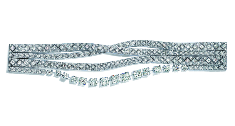 This bracelet from the Ribbons story is comprised of Lucida, round brilliant and square diamonds in platinum. (Price available upon request.)<br />Photo courtesy of Tiffany & Co.