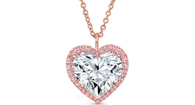 <a href="https://rahaminov.com/" target="_blank" rel="noopener">Rahaminov Diamonds</a> heart shape halo pendant with pink diamonds set in 18-karat rose gold ($72,150)