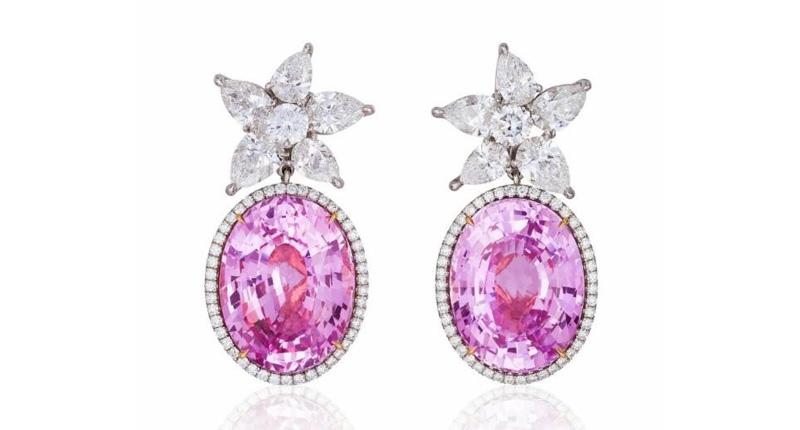 <strong>Classical.</strong> First place went to these platinum and 18-karat pink gold earrings featuring unheated oval pink sapphires weighing 36.65 total carats and 5.09 carats of diamond accents from Allen Kleiman of A. Kleiman & Co.