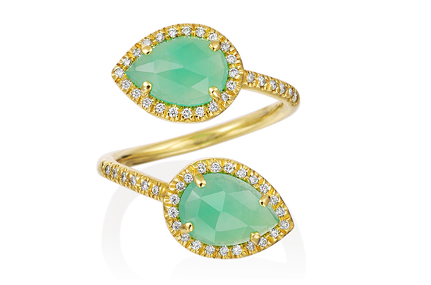 Lauren K’s 18-karat pear shape chrysoprase “Diya” ring offers diamond pave and chrysoprase ($3,100).<br />
<a target="_blank" href="http://www.laurenk.com/"><span style="color: #f5fffa;">laurenk.com</span></a>