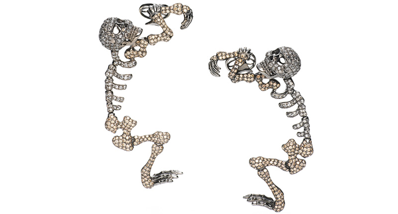 Wendy Yue 18-karat black gold skeleton ear cuffs with champagne and gray diamonds ($21,200)<br /><a href="http://www.wendyyue.com" target="_blank" rel="noopener noreferrer">WendyYue.com</a>