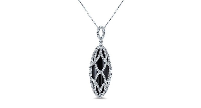 Gabriel & Co.’s 18-karat white gold Allure necklace features a smooth, oblong black onyx overlaid with a pattern of white gold and diamonds ($4,465).