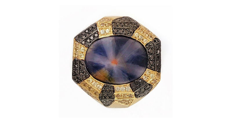 <strong>Men’s Wear.</strong> Basta also won first place in this category with the 18-karat yellow gold with black rhodium “Estrella” ring featuring a 7.50-carat starburst trapiche sapphire accented with 0.64 carats of black diamonds and 0.52 carats of yellow sapphire accents.