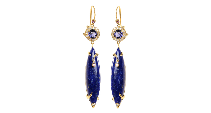 Unhada’s 18-karat yellow gold earrings with lapis, purple sapphires, iolite, amethyst and diamonds ($4,950)