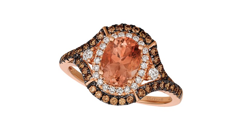 A Le Vian Chocolatier ring, featuring a one-carat sunstone surrounded by Vanilla and Chocolate diamonds, set in 14-karat Strawberry gold ($2,497)