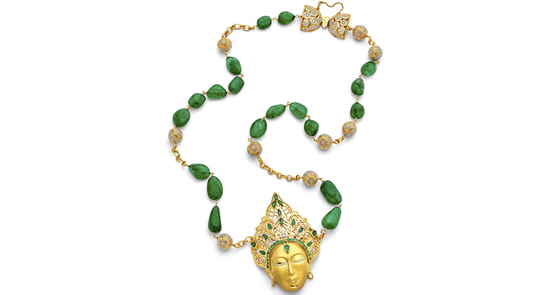 Buddha Mama’s 20-karat gold “Tara” pendant features more than 195 carats total of tumbled emerald beads, brown diamond pave beads and a diamond flower clasp ($150,000).