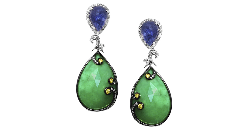 These drop earrings from Vivaan boast tanzanite, serpentine and yellow and white diamonds set in 18-karat gold ($10,125).