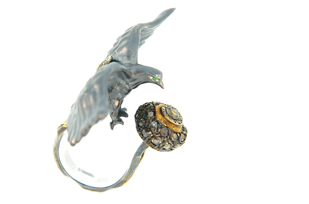 This “Perched Raven” ring by Atelier Minyon really does mind the gap in sterling silver with 24-karat gold, brown diamonds and tsavorite eyes ($11,259).<br />
<a target="_blank" href="http://atelierminyon.com/"><span style="color: #f5fffa;">atelierminyon.com</span></a>