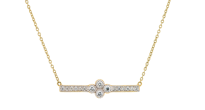 <strong>Bar and Pendant Necklaces.</strong> Jude Frances’s “Provence” 18-karat yellow gold and diamond bar necklace ($1,350) <a href="http://www.judefrances.com/" target="_blank">JudeFrances.com</a>