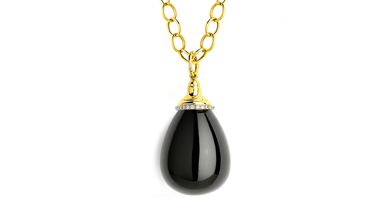 Syna’s medium-sized Mogul drop pendant features a black spinel weighing more than 50 carats with diamond accents in 18-karat yellow gold ($2,450 for pendant only; 30-inch 18-karat yellow gold chain sold separately, $1,650).