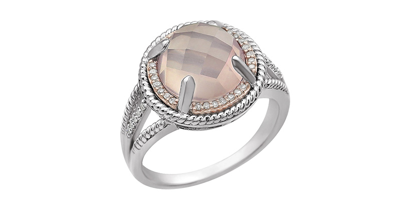 Stuller’s gold-plated sterling silver, rose quartz and diamond ring ($414)