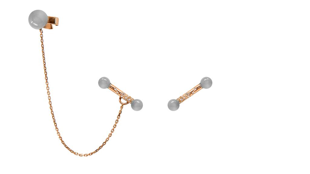 Benedicte de Boysson, designed by Benedicte de Boysson in Miami. A pair of 18-karat rose gold earrings with cabochon grey moonstones and 0.12 carats of diamonds. It includes a removable ear cuff with carved grey moonstones ($2,450) Benedicte de Boysson cuff earring