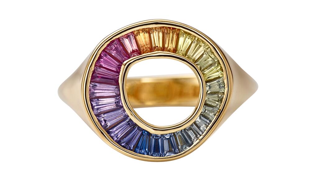 Artemer “Sphere Ring” in 18-karat gold with tapered baguettes in various colors