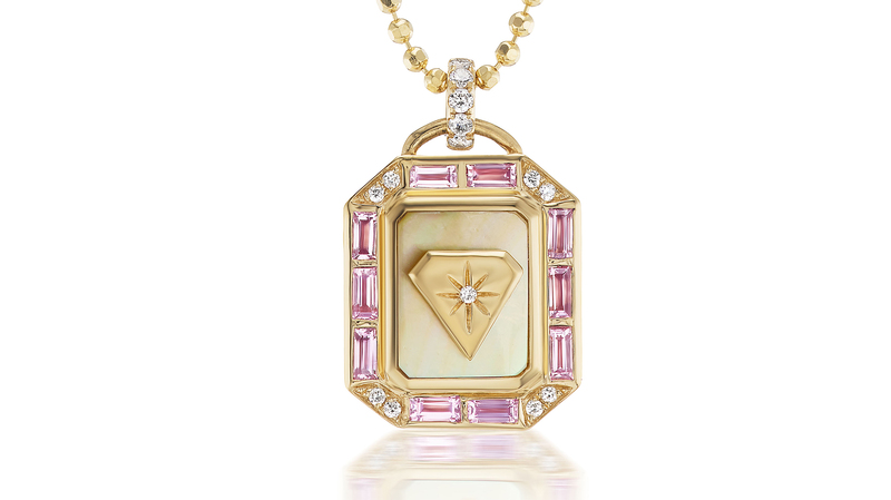 Empress Tarot mini-necklace in 18-karat yellow gold with yellow mother-of-pearl, color-change garnets and diamonds on an 18-inch chain ($4,400)