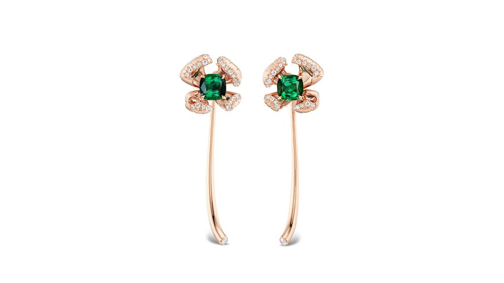 Lindsey Scoggins Studio, designed by Lindsey Scoggins in New York City. A pair of 18-karat rose gold convertible earrings with 4 carats of cushion-cut green tourmalines and pavé diamond petals. They can be worn as tourmaline studs, flower studs, or with gold and diamond stem attachments ($16,000) Lindsey Scoggins Studio tourmaline convertible flower earrings