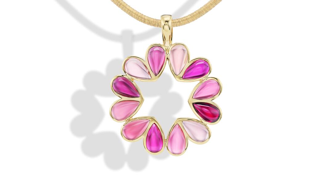 Gemella Jewels “Queen B Necklace” in 18-karat gold with 5.9 carats of pink sapphire, 3.05 carats of rubellite, and 10.4 carats of pink tourmaline