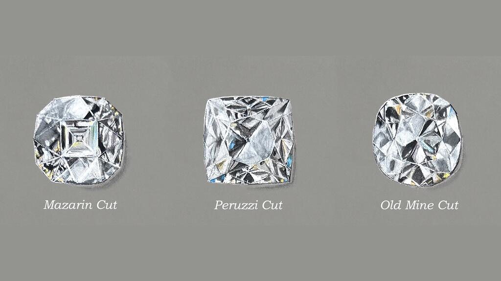 Illustration of Mazarin, Peruzzi, and old mine cut diamonds