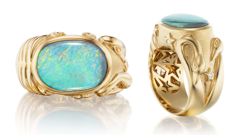 The Cigno cocktail ring in 18-karat yellow gold with a 4.5-carat opal and diamonds ($9,000)