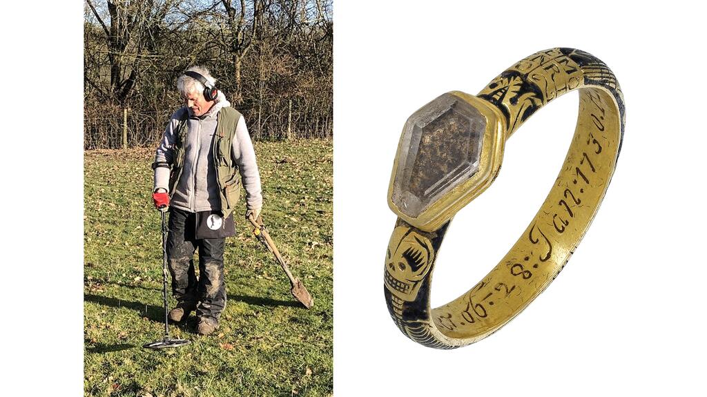 Retiree David Nicklin, left, found this 18th-century memento mori ring while using his metal detector.