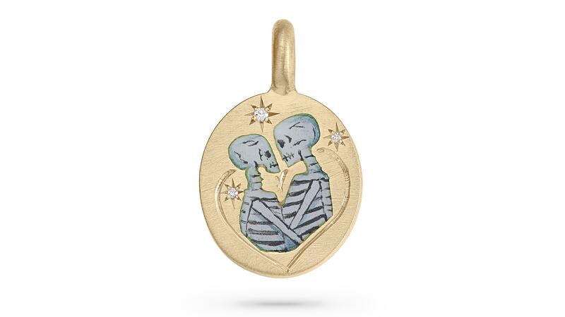 <a href="https://cecejewellery.com/" target="_blank"> Cece Jewellery</a> 18-karat yellow gold “Skeleton Lovers” charms with champlevé enamel and brilliant-cut diamonds ($3,846) 20251030_6-Cece Jewellery.jpg