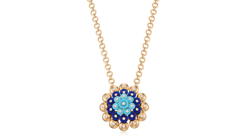 This Van Cleef & Arpels “Bouton d’Or” pendant necklace with lapis lazuli, turquoise, diamonds, and 18-karat yellow gold sold for $20,160, a smidge above its pre-sale estimate. It was one of four VCA “Bouton d’Or” jewels that sold.