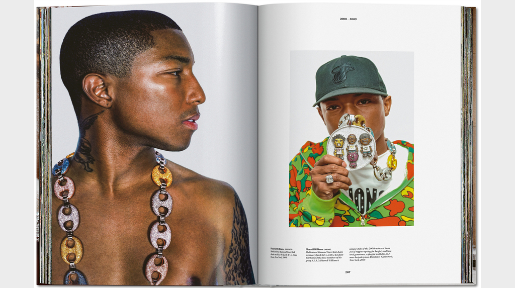 Pharrell in the recently auctioned Jacob & Co. puffy Gucci link necklace. (Image courtesy of Taschen)